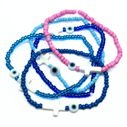 Beaded Bracelet with Shell Cross and Evil Eye