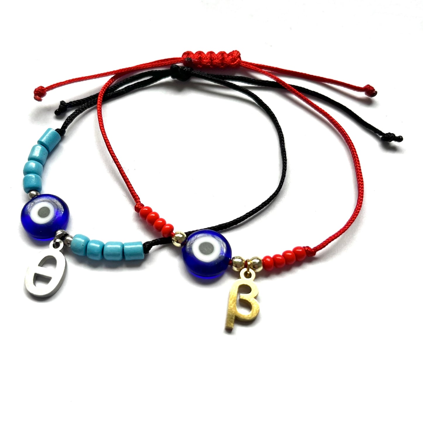 Greek Letter Bracelet with Evil Eye - Matte Silver