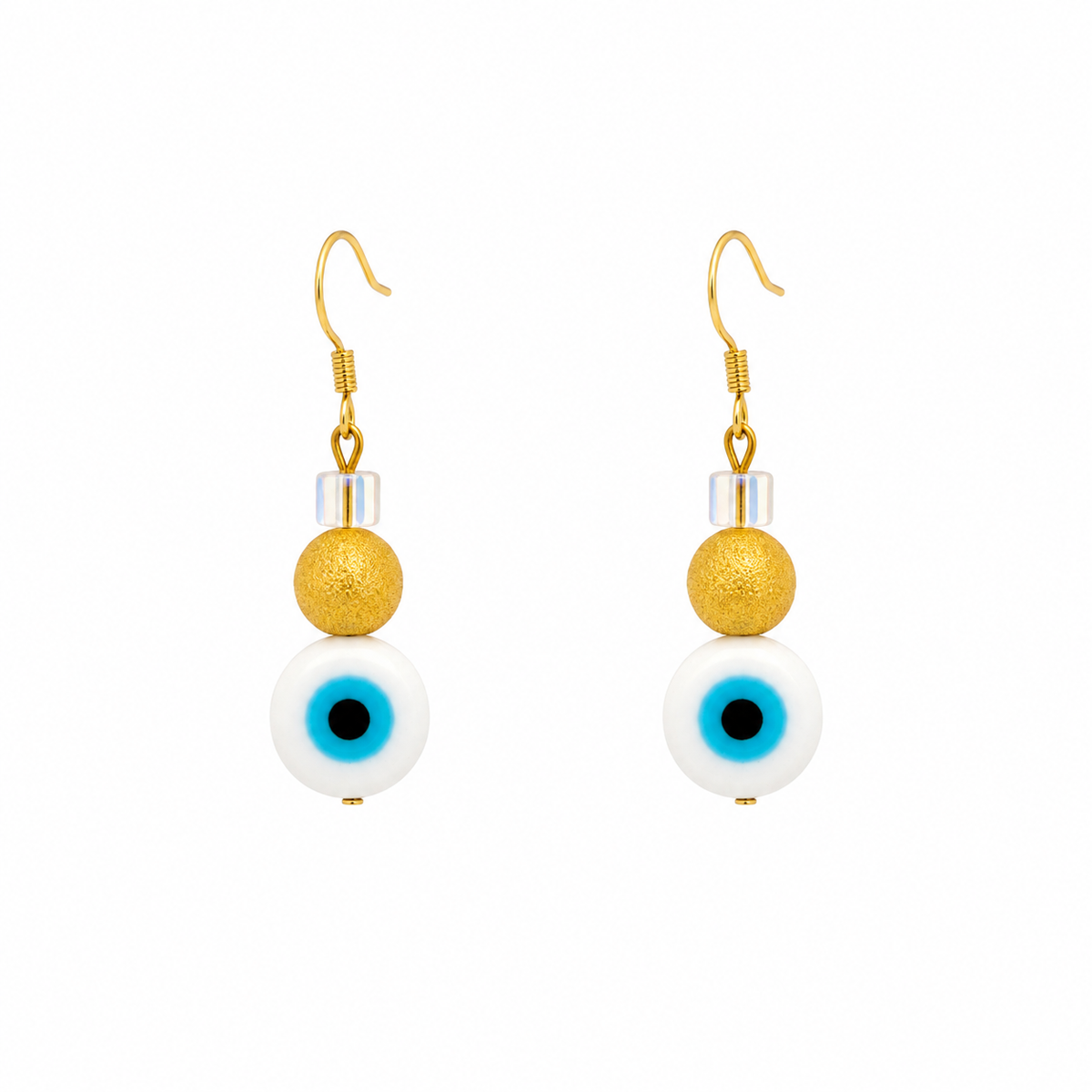 Amalia evil eye drop earrings with gold beads and gold hooks on a white background.