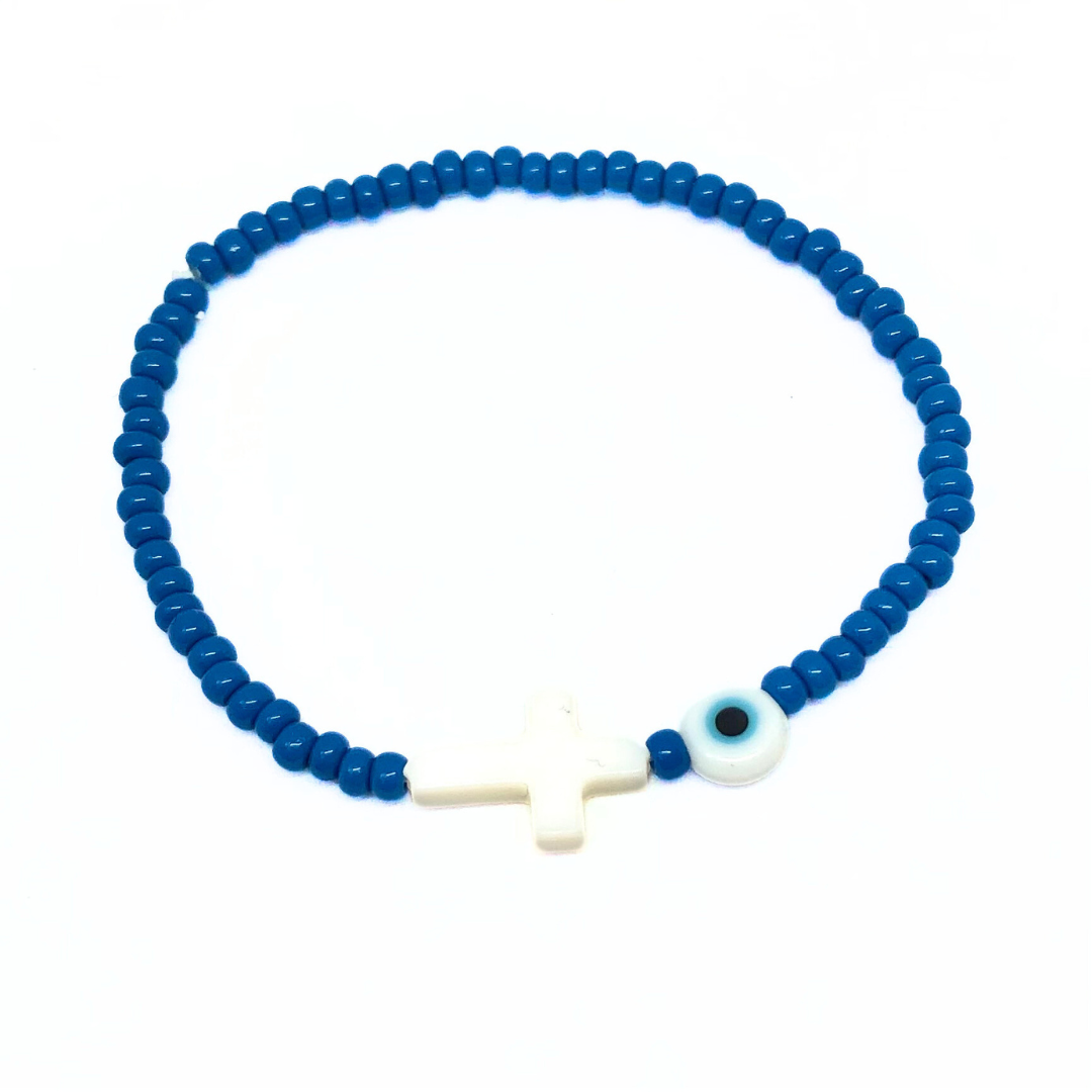 Beaded Bracelet with Shell Cross and Evil Eye