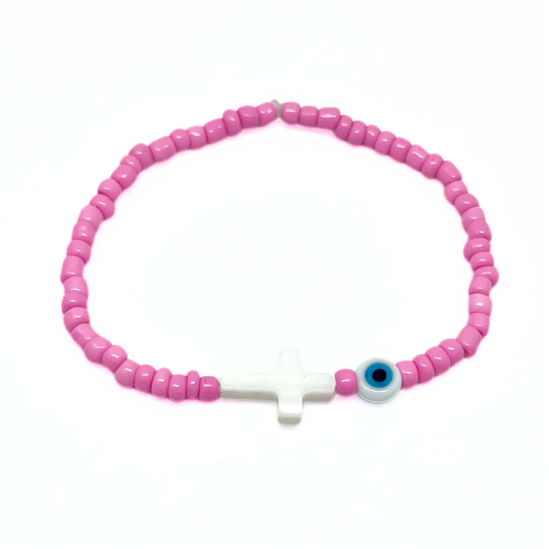 Beaded Bracelet with Shell Cross and Evil Eye