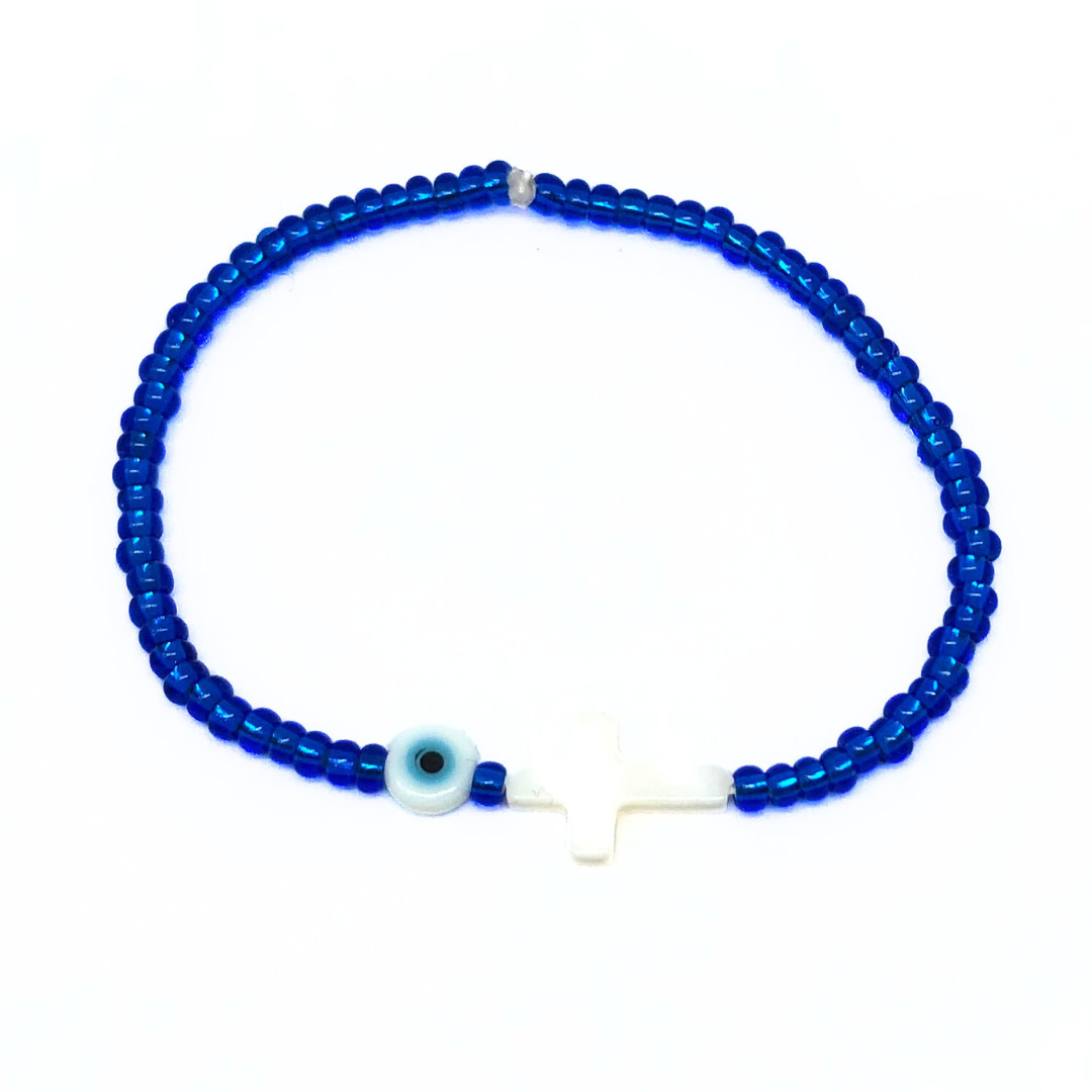 Beaded Bracelet with Shell Cross and Evil Eye