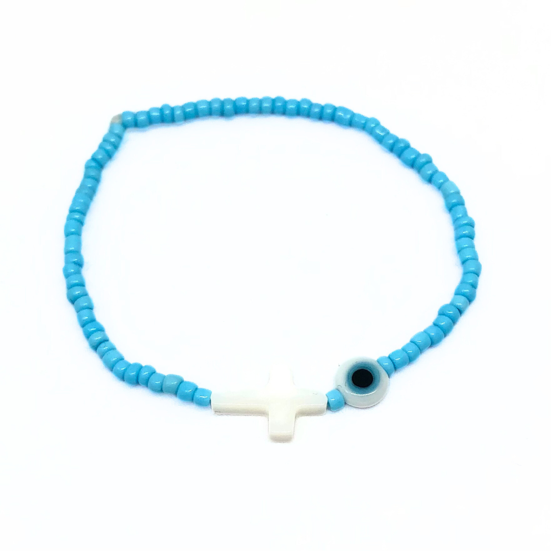 Beaded Bracelet with Shell Cross and Evil Eye