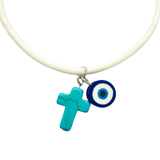 Rubber Band Bracelet with Evil Eye & Turquoise Cross