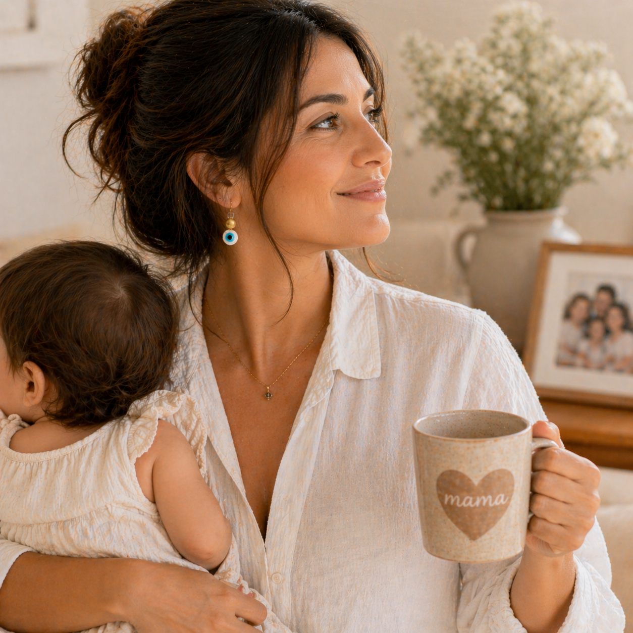Woman holding a child in a cozy indoor setting, wearing Amalia Evil Eye earrings