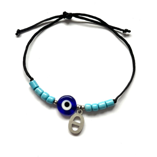 Greek Letter Bracelet with Evil Eye - Matte Silver