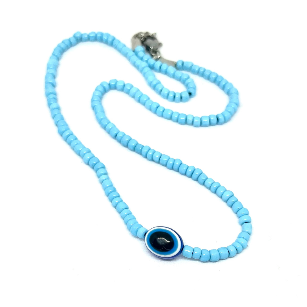 Beaded Necklace with Oval Evil Eye