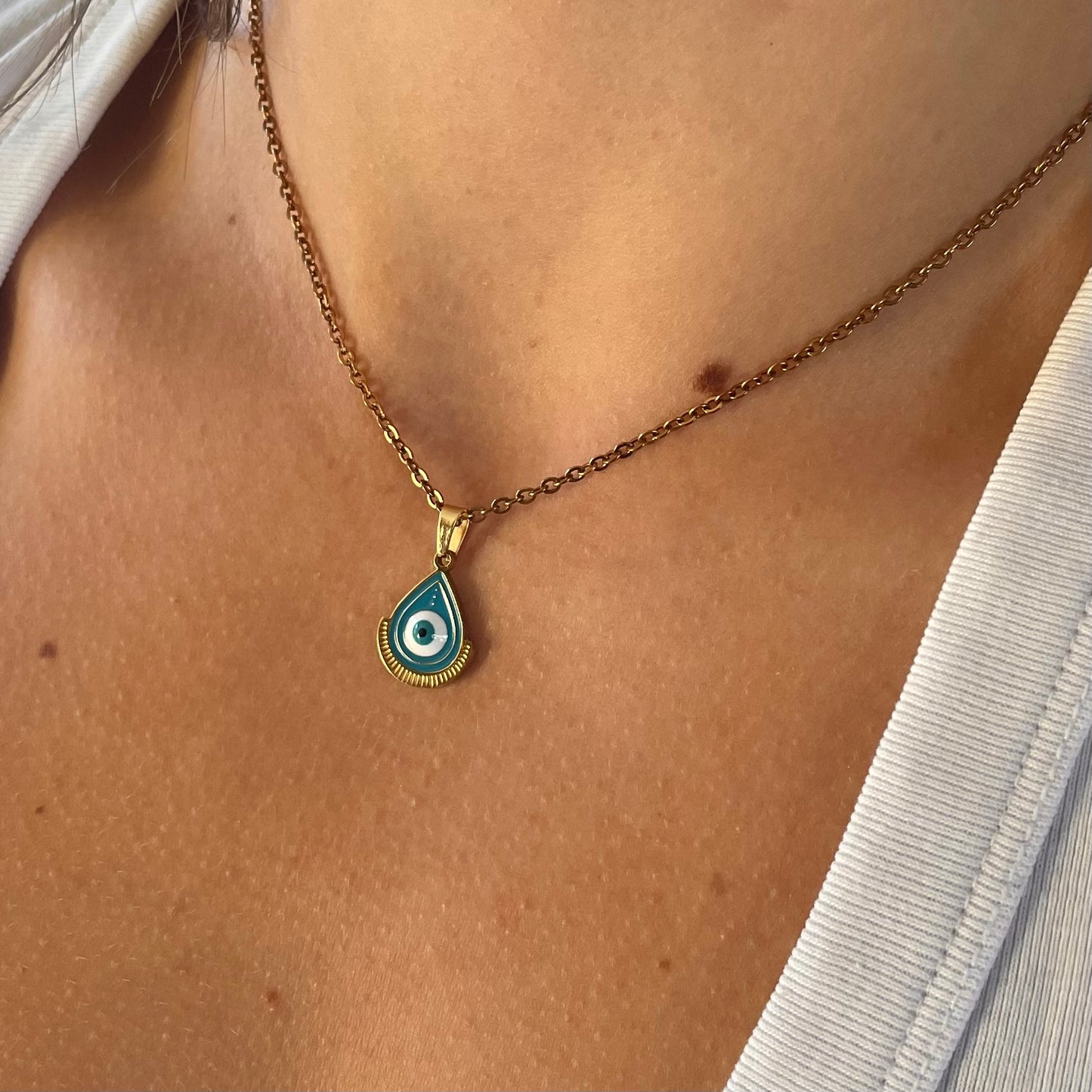 Teardrop Evil Eye with Gold Edge Necklace