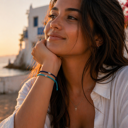 Woman sitting by the sea at sunset, wearing a white shirt and Knotted Bracelet with Tiny Cross