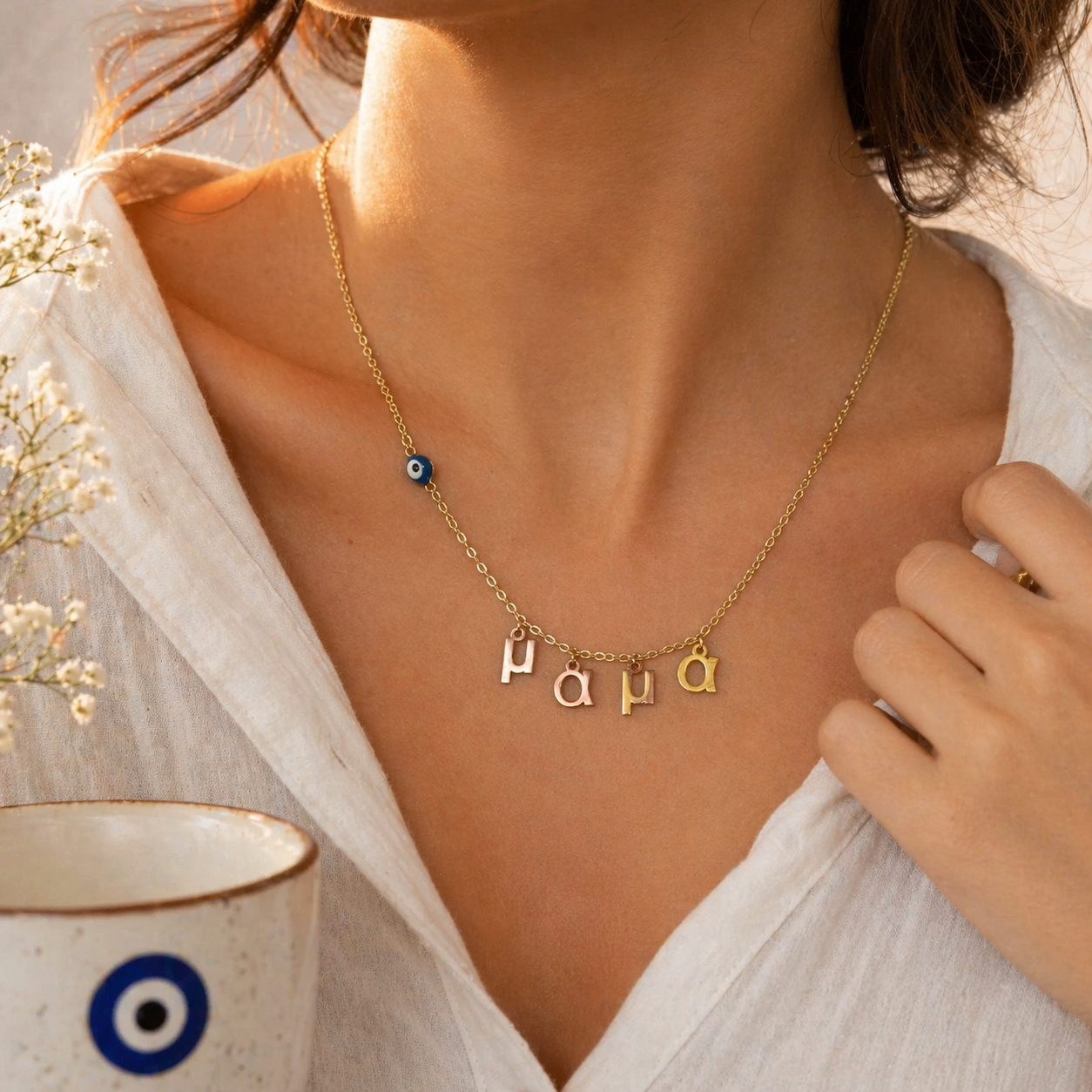 Minimal gold mama necklace with mati evil eye detail, perfect Greek Mother’s Day gift
