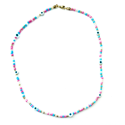 Beaded Necklace - Pink/Blue/White