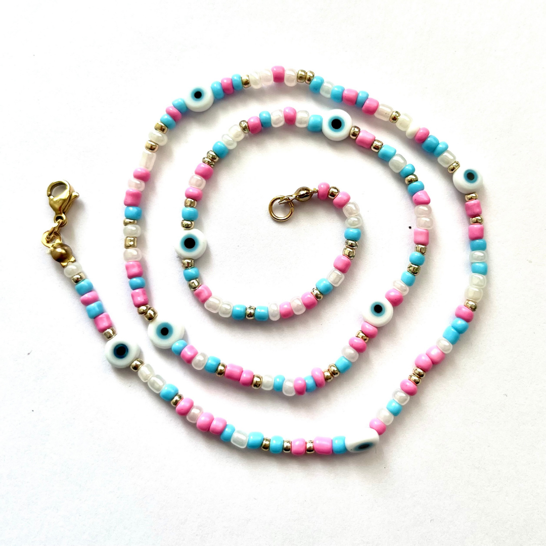 Beaded Necklace - Pink/Blue/White