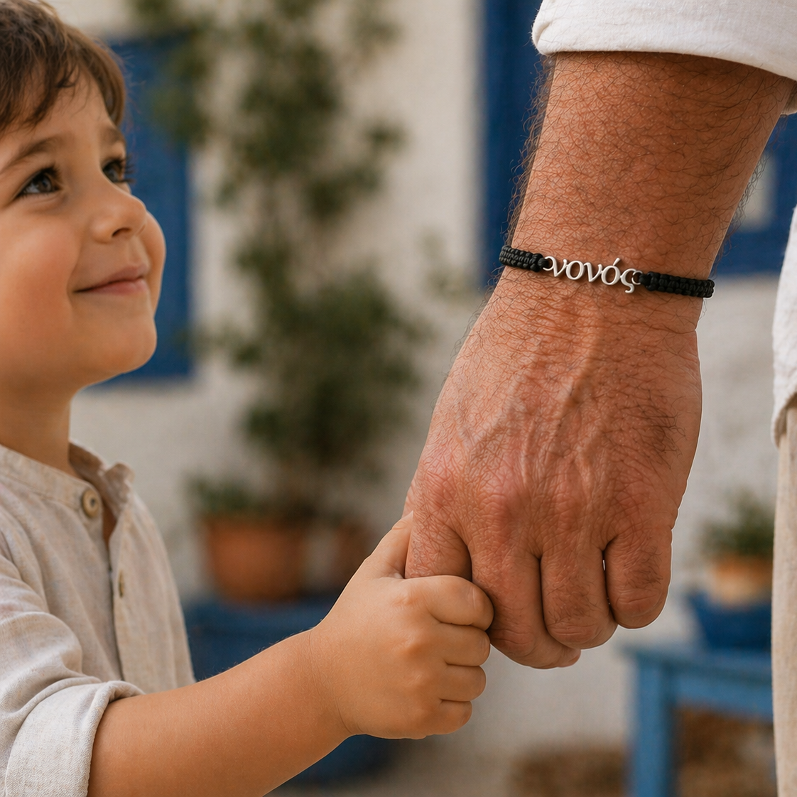 Child holding hands with godfather, wearing 'νονός' bracelet, in a casual setting.