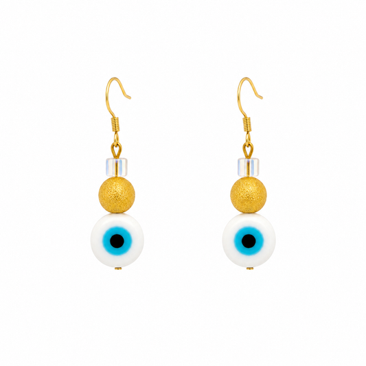 Amalia evil eye drop earrings with gold beads and gold hooks on a white background.