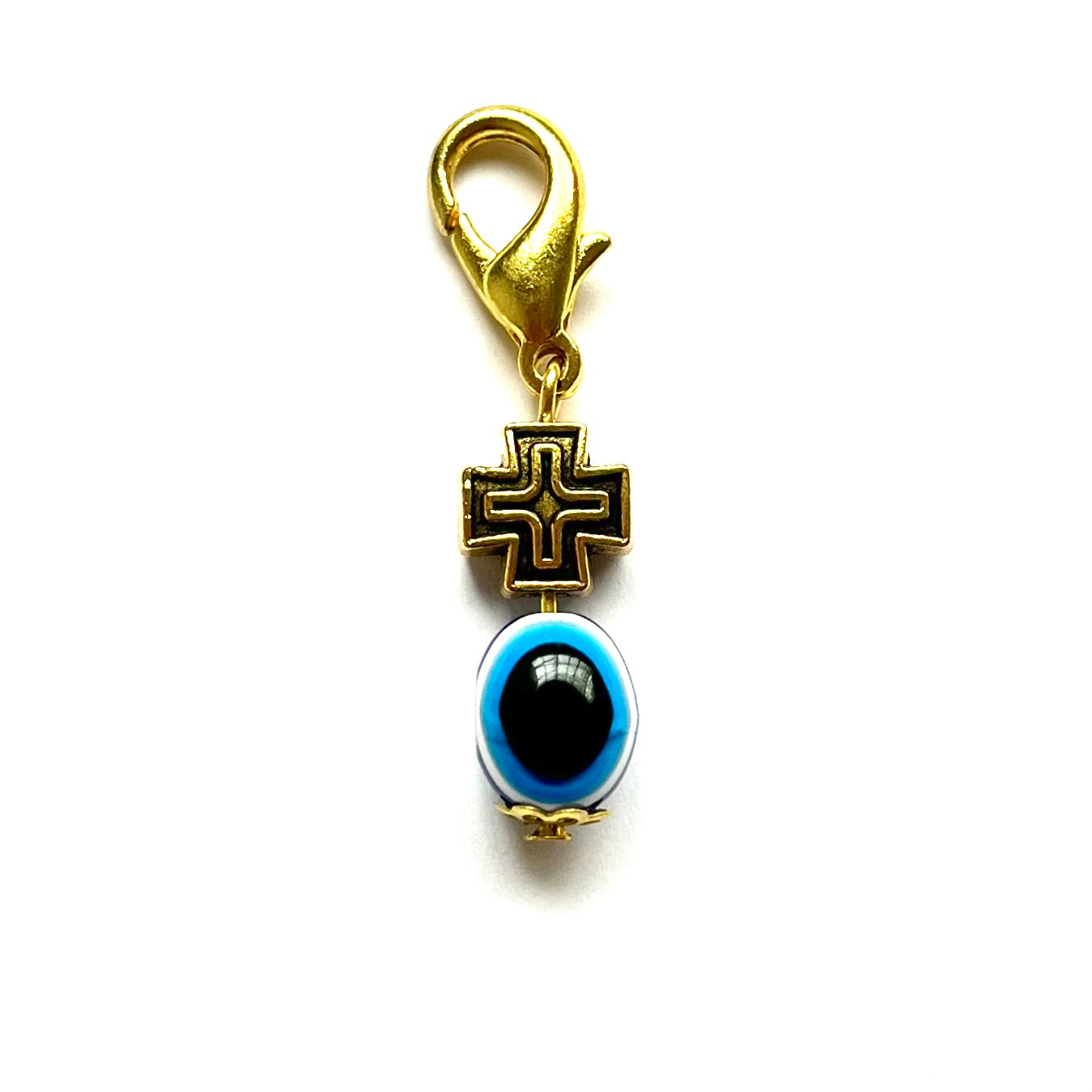 Oval Evil Eye good luck charm with a blue eye design on a white background