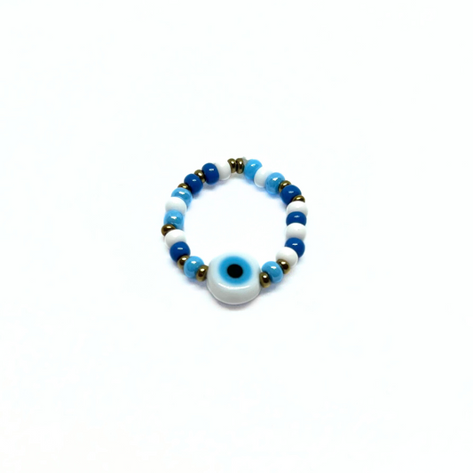 Beaded Ring with Multi Band and White Evil Eye