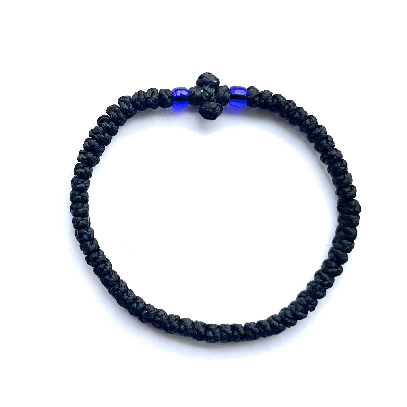 Thin black komboskini bracelet with blue beads, Greek protection jewellery