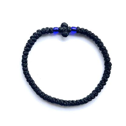 Thin black komboskini bracelet with blue beads, Greek protection jewellery