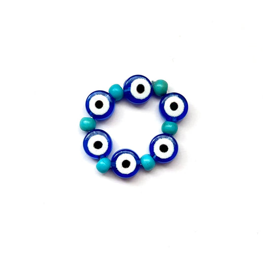 Beaded Ring with Multi Blue Evil Eyes